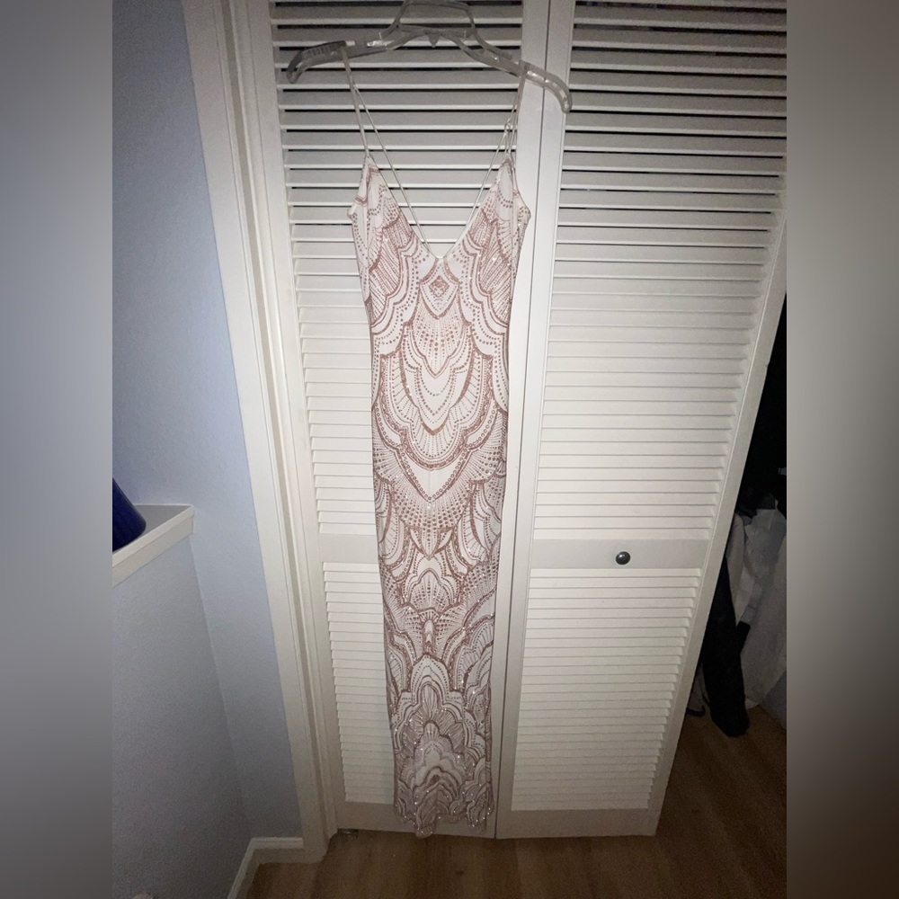 White with Gold sparkle prom dress